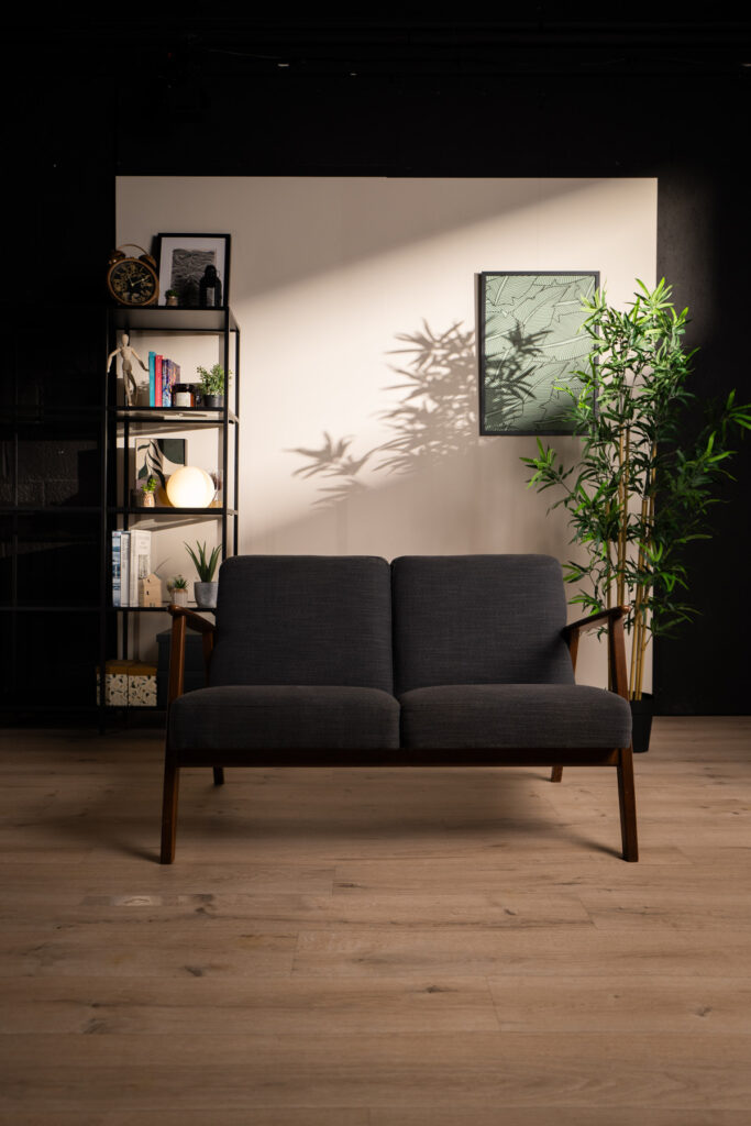 Vue de face du décor L’Essentiel, avec canapé gris, grande plante verte, étagère décorée et ombres de feuillage sur le mur crème.
