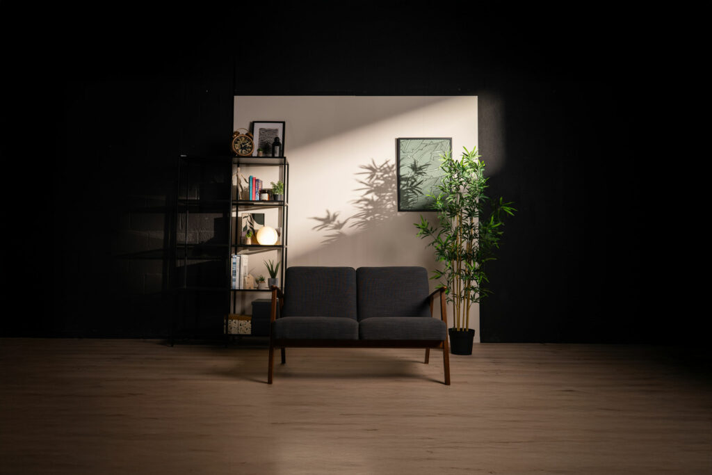 Vue large du décor L’Essentiel, mettant en scène un mur clair, des ombres de plantes, une étagère déco et un canapé deux places dans une ambiance tamisée.