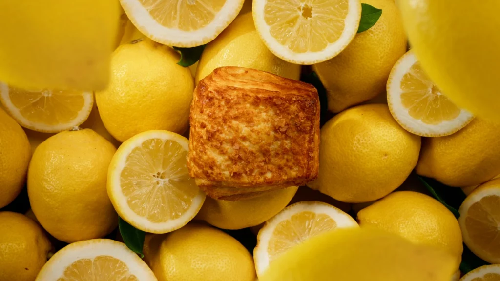 bridor-pierre-herme-sensation-citron-still-life-studio-401-01 Photographie culinaire en "still life" pour la gamme "Sensation Citron" de Bridor x Pierre Hermé, produite au Studio 401 à Rennes. Au centre, une viennoiserie feuilletée parfaitement dorée repose sur un tapis de citrons jaunes vifs, certains entiers avec leurs feuilles vertes et d'autres coupés en tranches révélant leur pulpe juteuse. L'image utilise une faible profondeur de champ avec des éléments d'agrumes flous en premier plan pour isoler le produit. L'éclairage studio est chaleureux et éclatant, soulignant la fraîcheur des ingrédients.